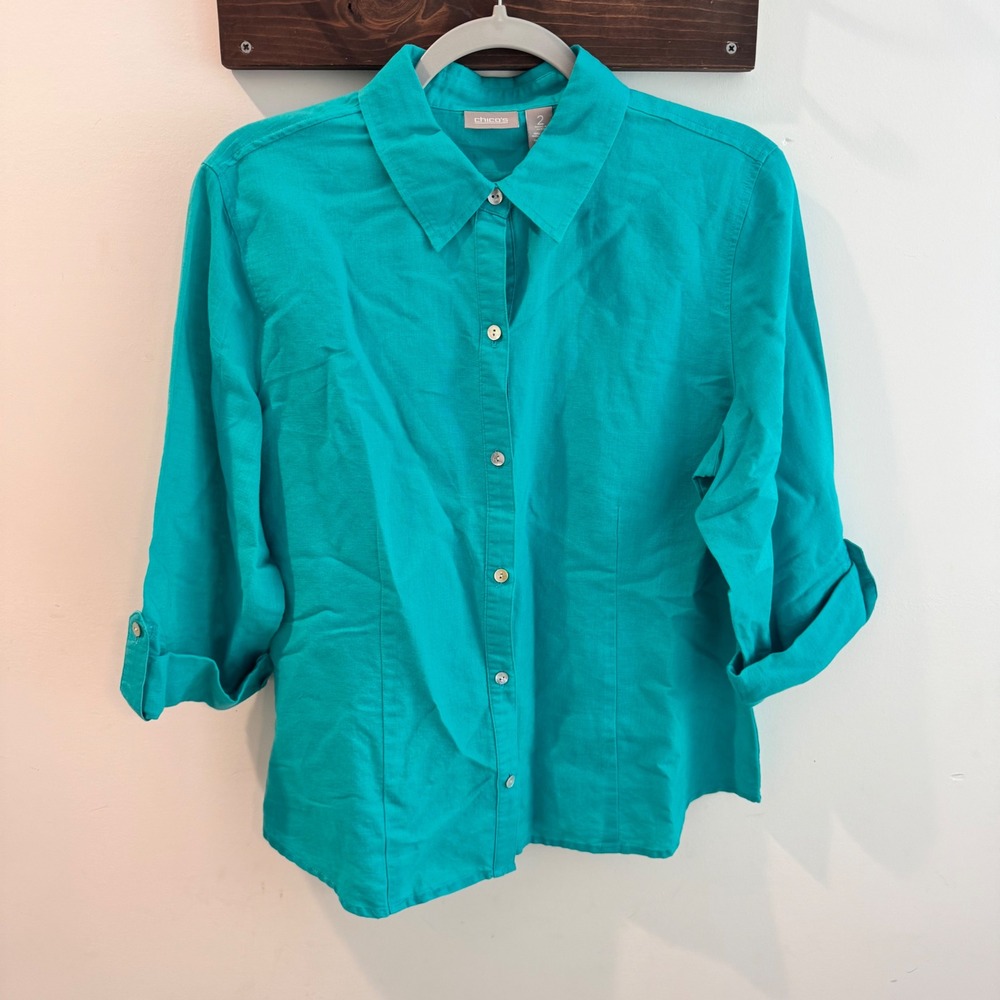 Chicos Turquoise  Linen Blend Button Down Roll Tab Shirt Size 2 Large